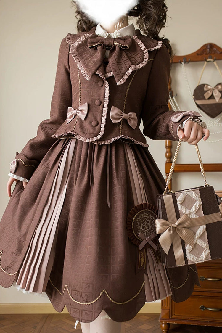 Brown Printed Embroidered Bow Lace-Up Classic JSK Dress & Skirt - Teddy Chocolate Bar