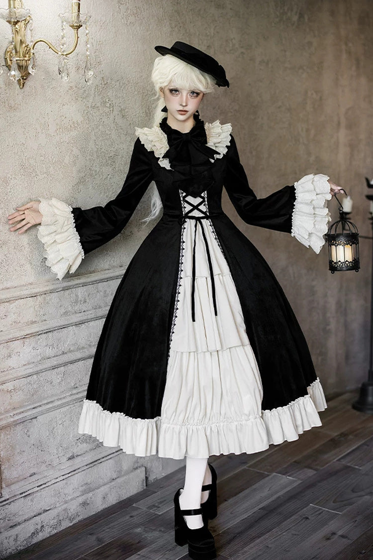 Gothic Lolita Dress with Ruffled Open-Front Bow and Lace-Up - Black