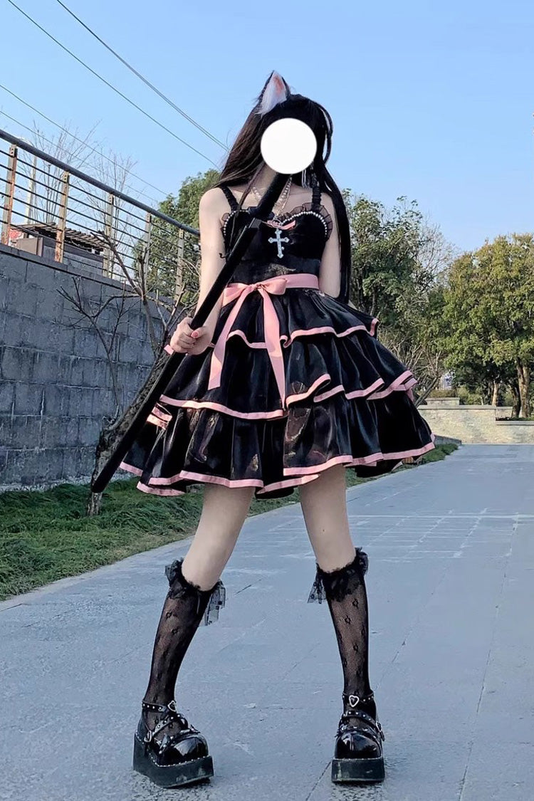 Gothic Sleeveless JSK with Contrasting Rose Hues and Wide Tiered Skirt in 3 Colorways