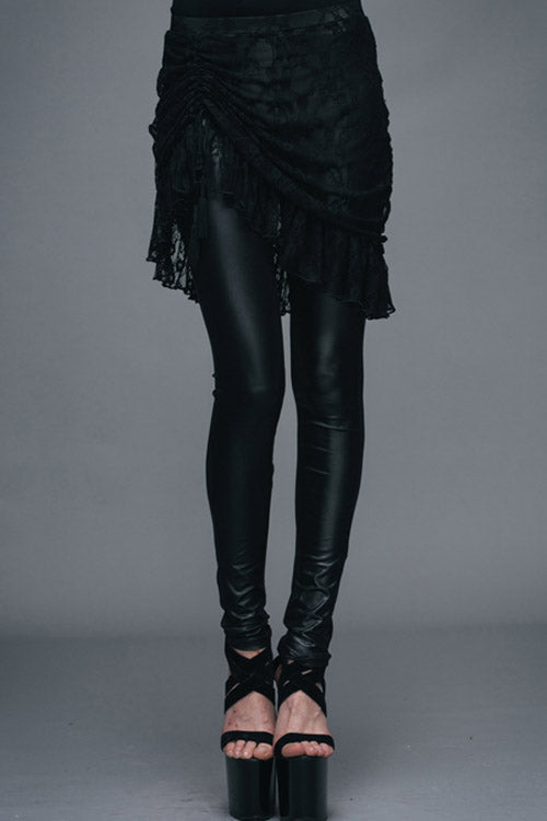 Obsidian Rose Lace Mesh Over-Skirt Faux Leather Pants for Women