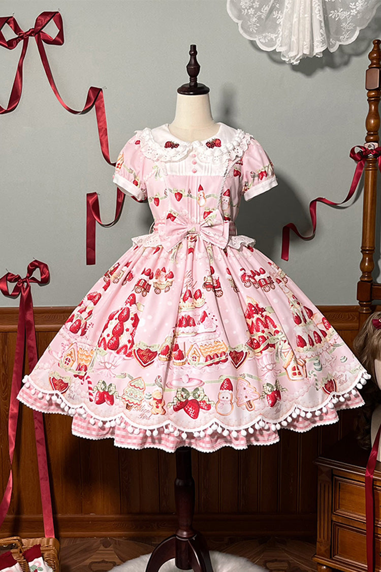 Mint Strawberry Dessert Printed Sweet Lolita Dress - Doll Collar Short Sleeved