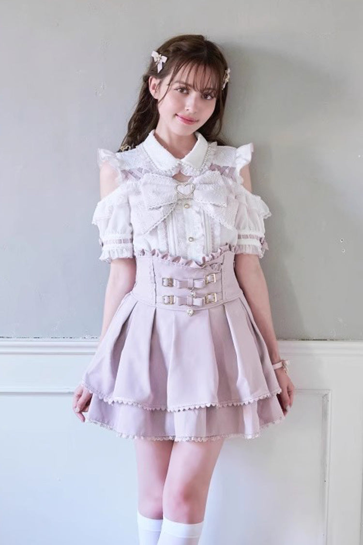 Lapel Off-Shoulder Bow Blouse - Pearl Jirai Kei
