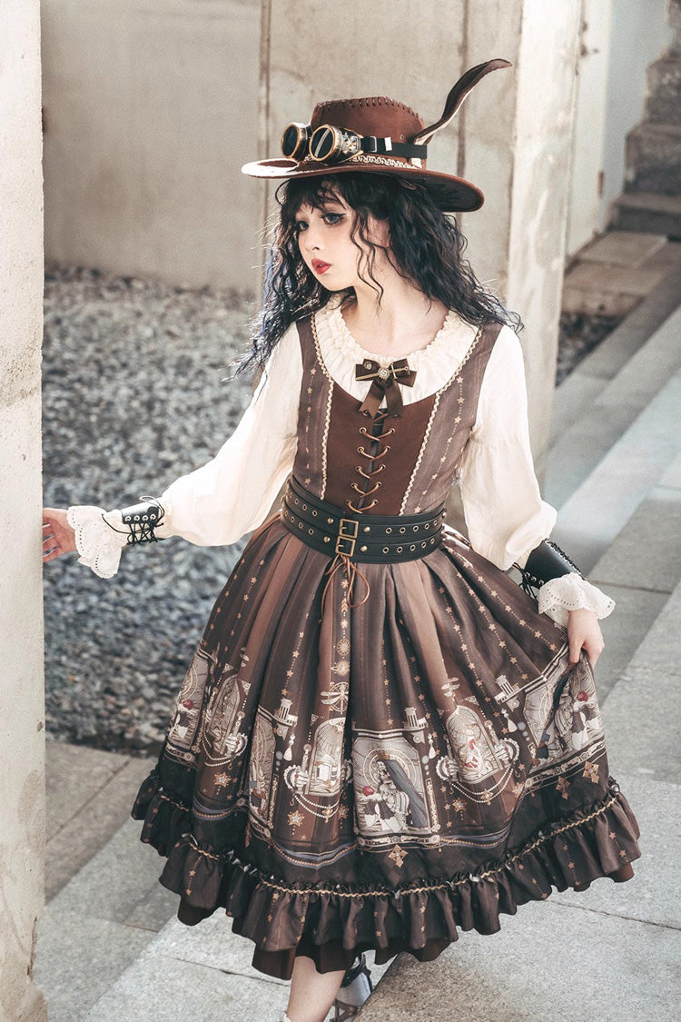 Lantern-Sleeved Lolita Dress with Ruffled Demon Print