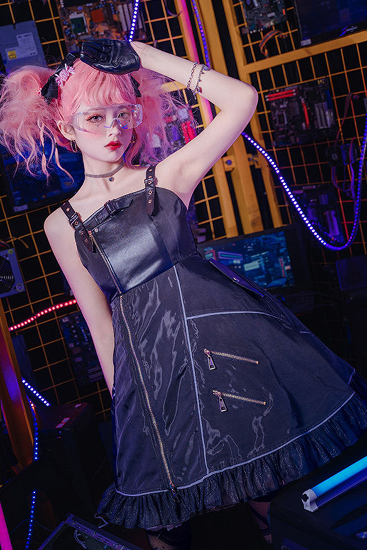 Black Gothic Lolita Jsk Dress Stitching Zipper Cardigan Ruffled - Altfashion Shop