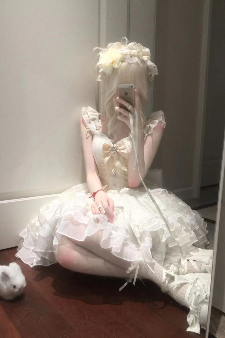 Cream First Love Multi-Layer Frilled Bow Lace-Up Elegant Princess Sweet Lolita JSK Dress