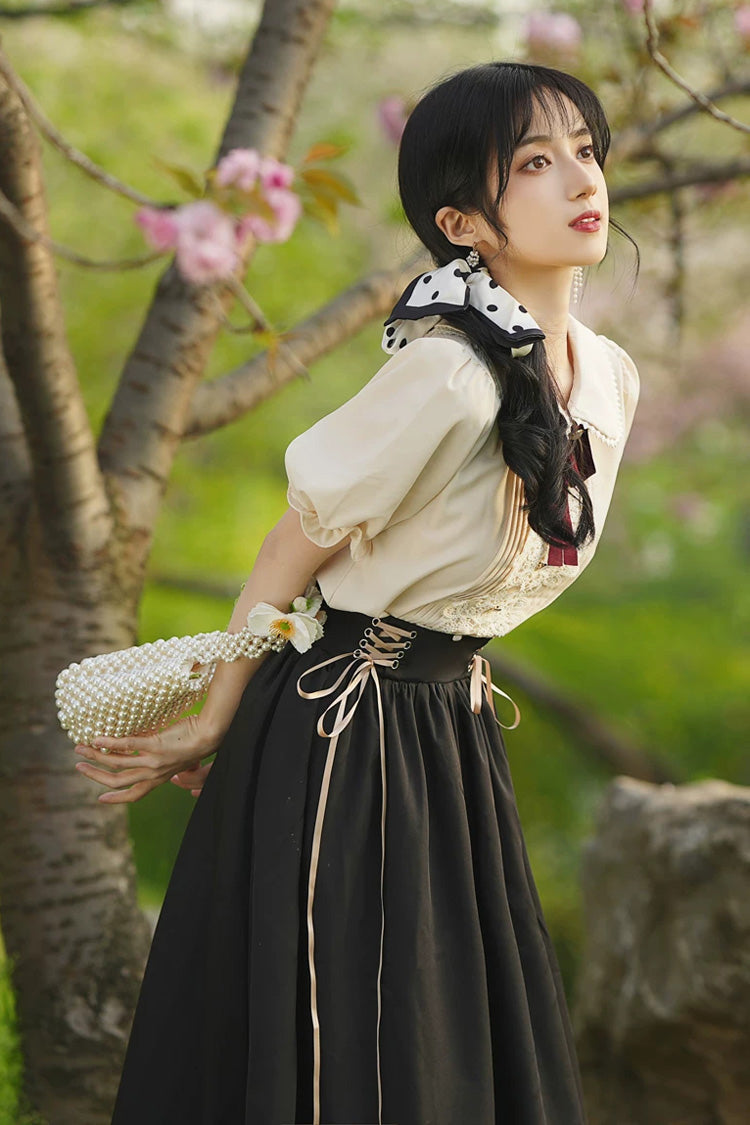 Lapel Collar Short-Sleeve High-Waisted Lace-Up Wave Hem Lolita Two-Piece Set, 7 Colors