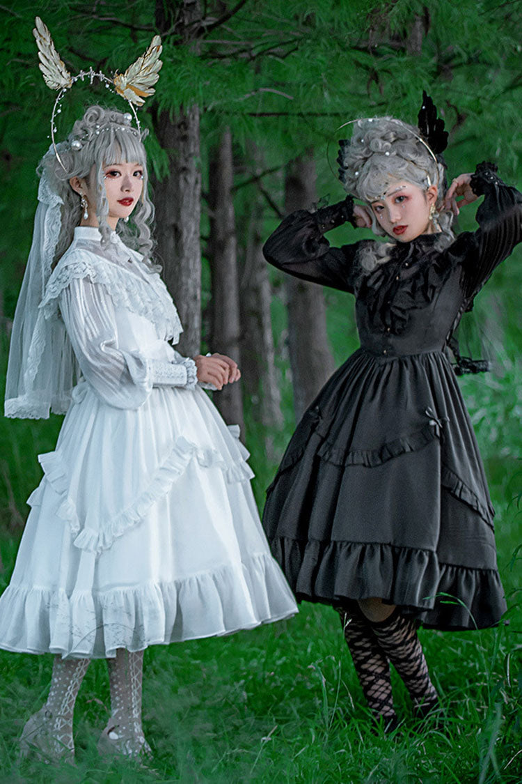 Black Hollow V Neck Gothic Lolita Dress Long Sleeves Bowknot Ruffled - Altfashion Shop
