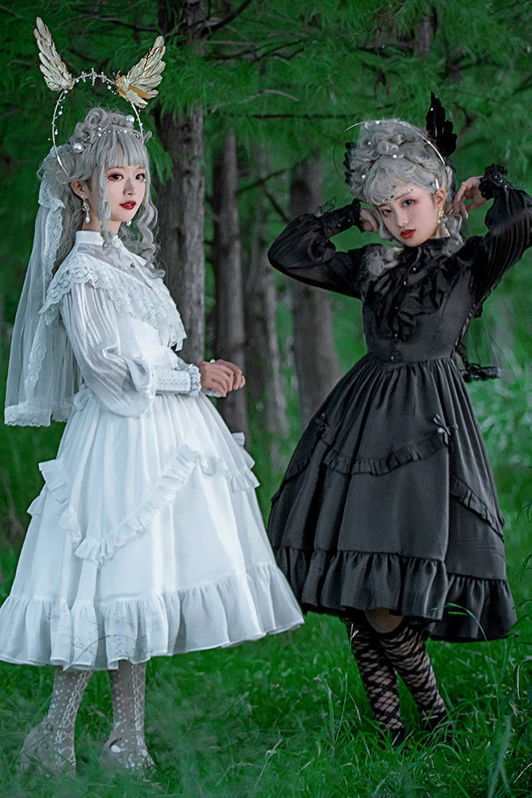 White Hollow V Neck Gothic Lolita Dress Long Sleeves Bowknot Ruffled - Altfashion Shop