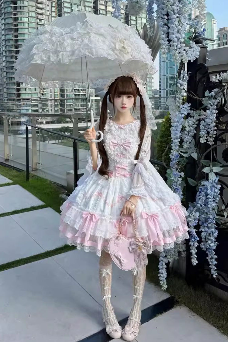 Pink White Scarlet Heart Cocoa Sleeveless Triple-Layered Ruffle Embroidery Lace Sweet Lolita Jsk Dress