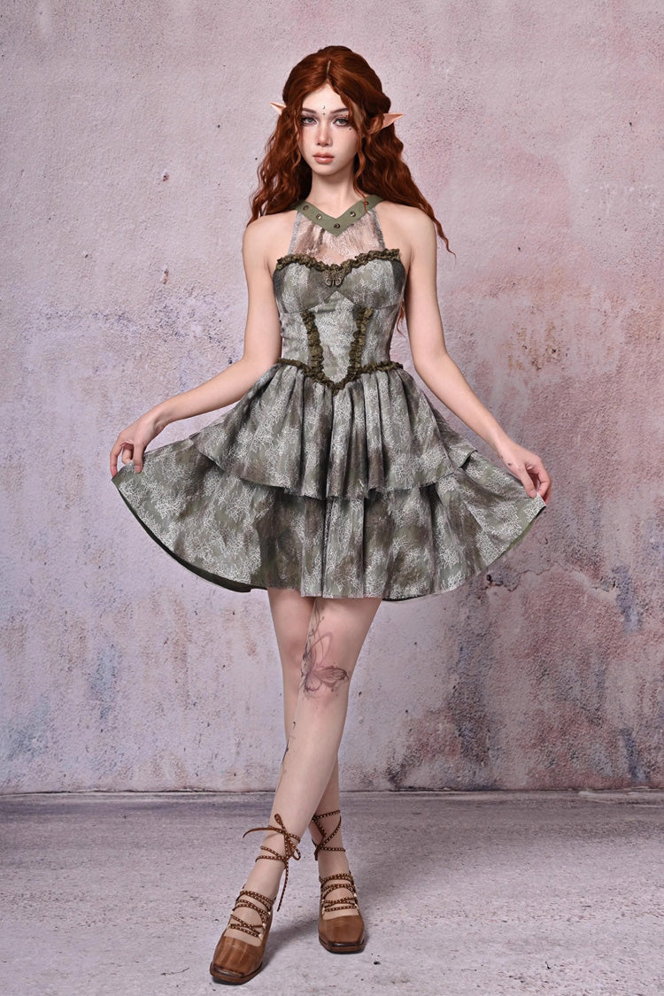 Green Halterneck Tie-Dyed Lace Vintage JSK