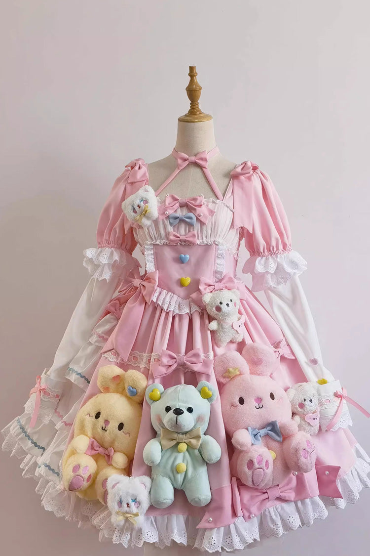 Pink Square-Collar Doll-Print Detachable-Sleeve Bow-Trimmed Princess Sweet Dress