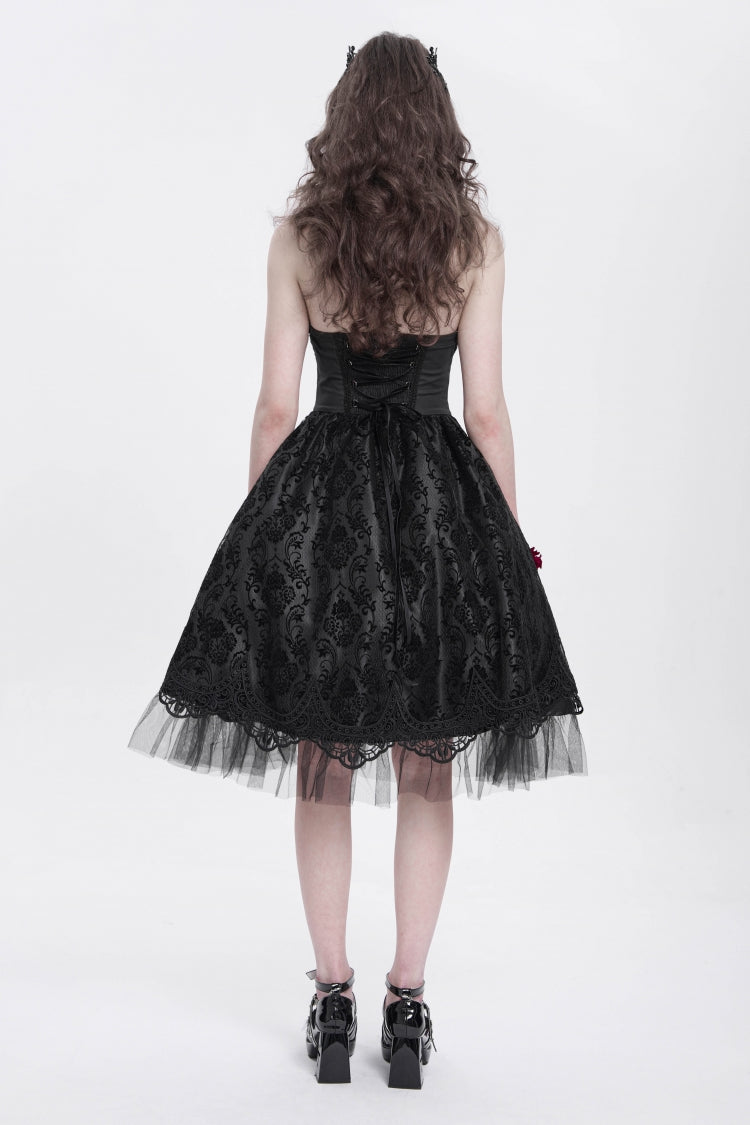 Unique Black Skeleton Print Embroidered Lace Stitching Halter Gothic Gown