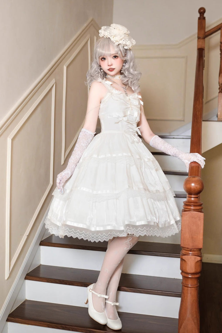 Ivory Sleeveless Multi-Layer Ruffle Bow Sweet Lolita JSK