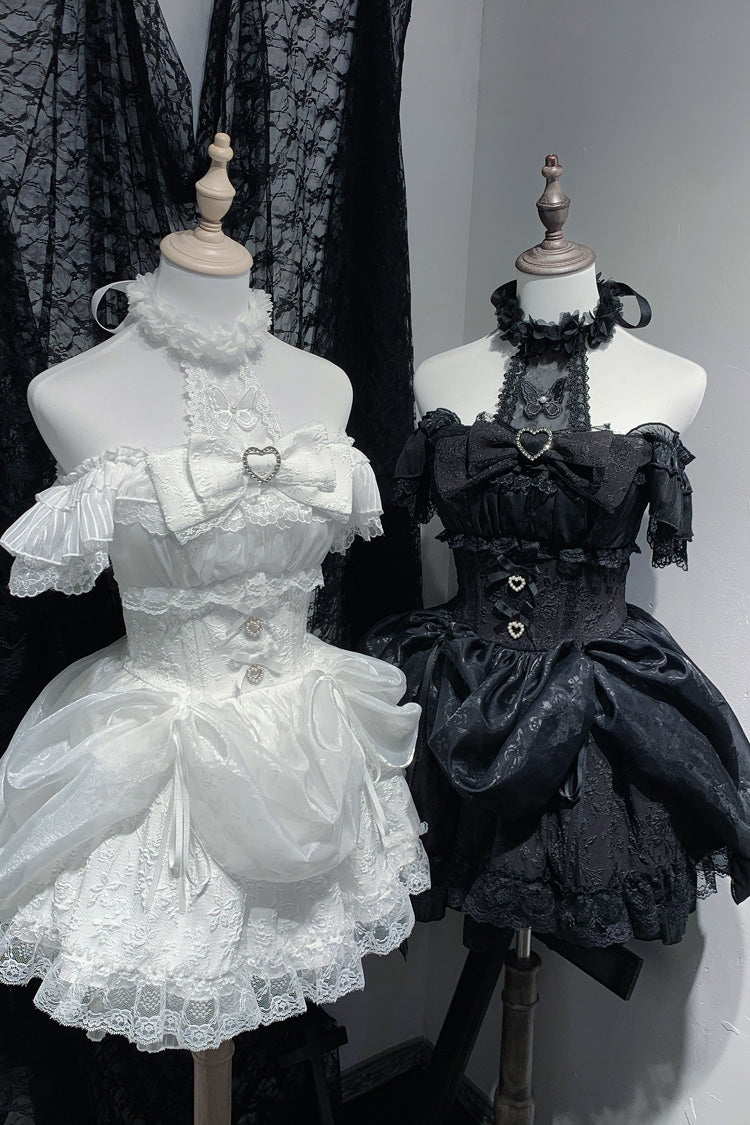 Ivory Halterneck Print Gothic Dress with Ruffles - Rose Dream