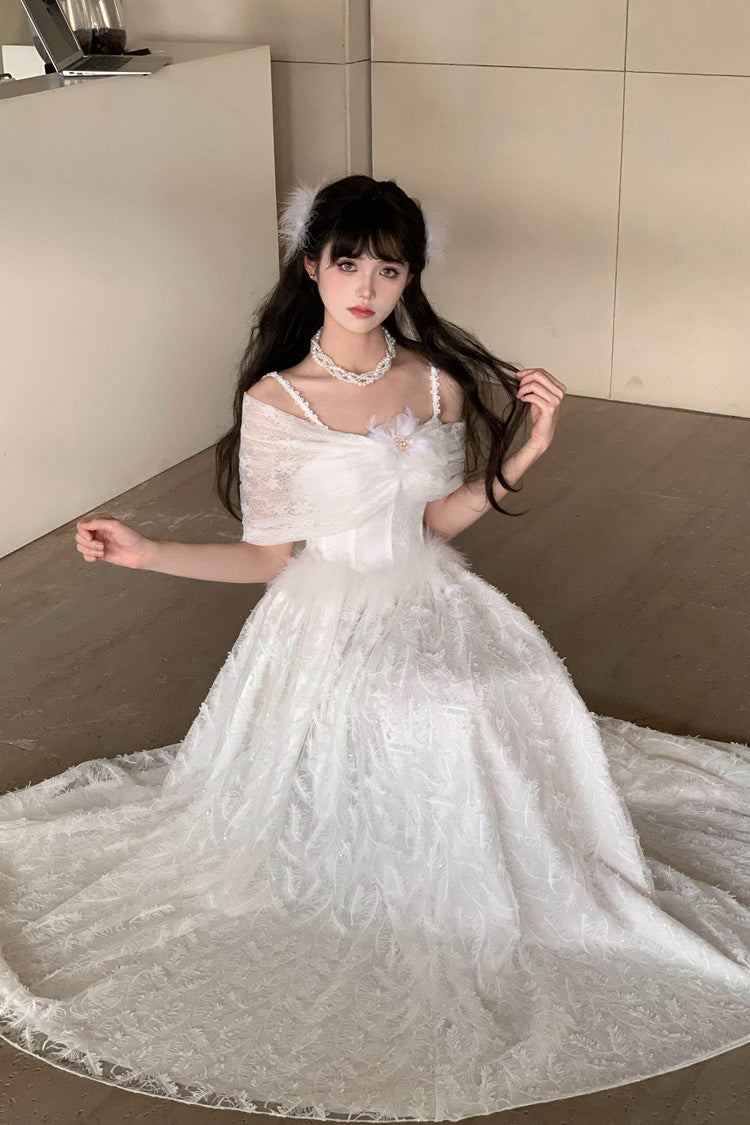 Ivory Moonlight Off-Shoulder Jacquard Embroidered Bow Gothic JSK