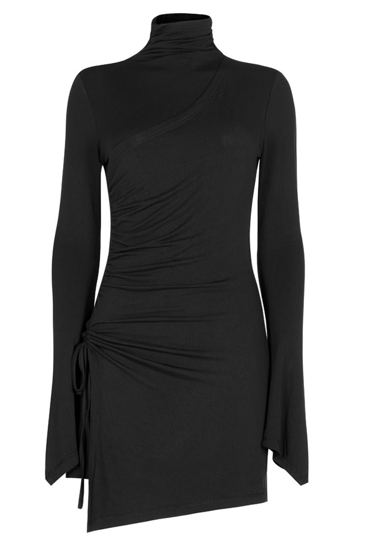 Cashmere Knit Cross Fold Tie High Collar Pleated Punk Dress