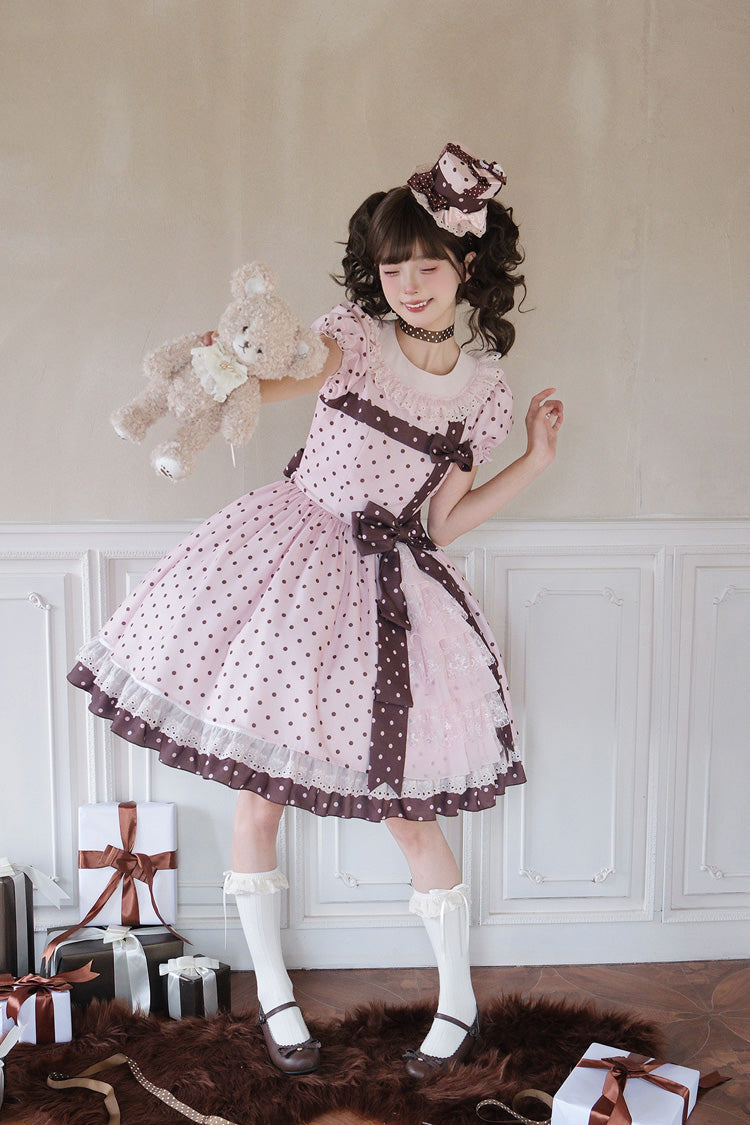 Canelé Gift Box Round Collar Short Sleeves Double-Layered Printed Polka Dot Ruffled Open-Front Bow Asymmetric Sweet Lolita Dress - Pink