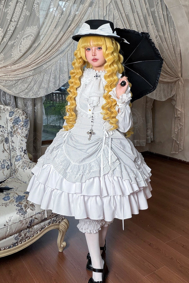 Ivory Manor Point High Collar Long Sleeve Striped Ruffle Hem Gothic Gown