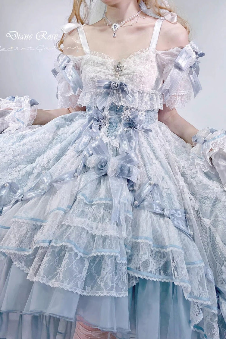 Blue Diane Rose Short Sleeve Jacquard Ruffle Cardigan Bow Lace Sweet Lolita Dress