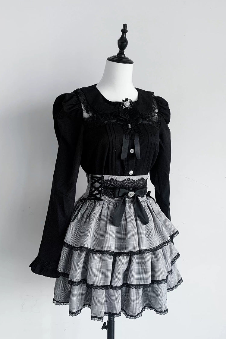 Doll Collar Triple Layered Ruffled Bow Lace Jirai Skirt and Blouse Set in Two Colors