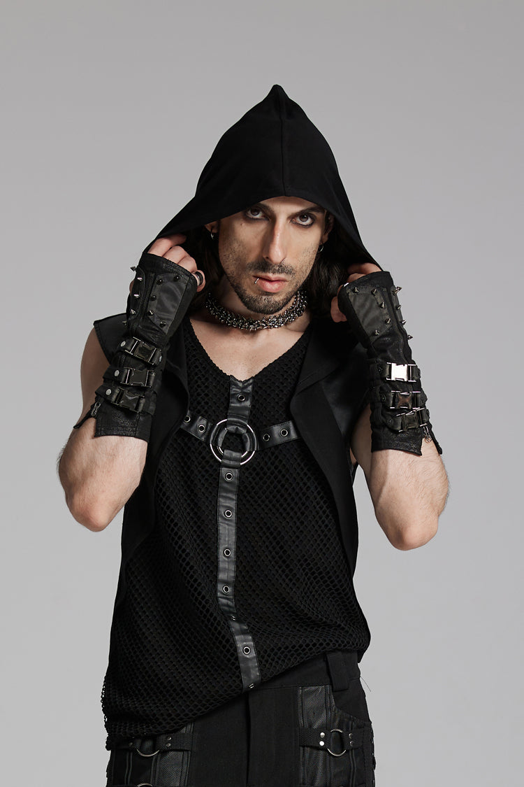 Hooded Eyelet Punk Sleeveless Vest with V-Neck
