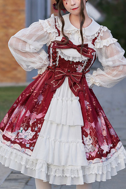 Sweet Lolita JSK Dress with Hydrangea Print, Ruffles and Bowknot - Altfashion Shop