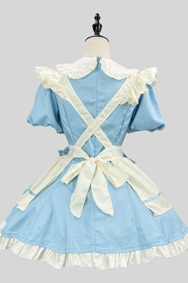 Cerulean and Ivory Short Sleeve Ruffled Bow Lace Plus Size Sweet Maid Lolita Mini Dress