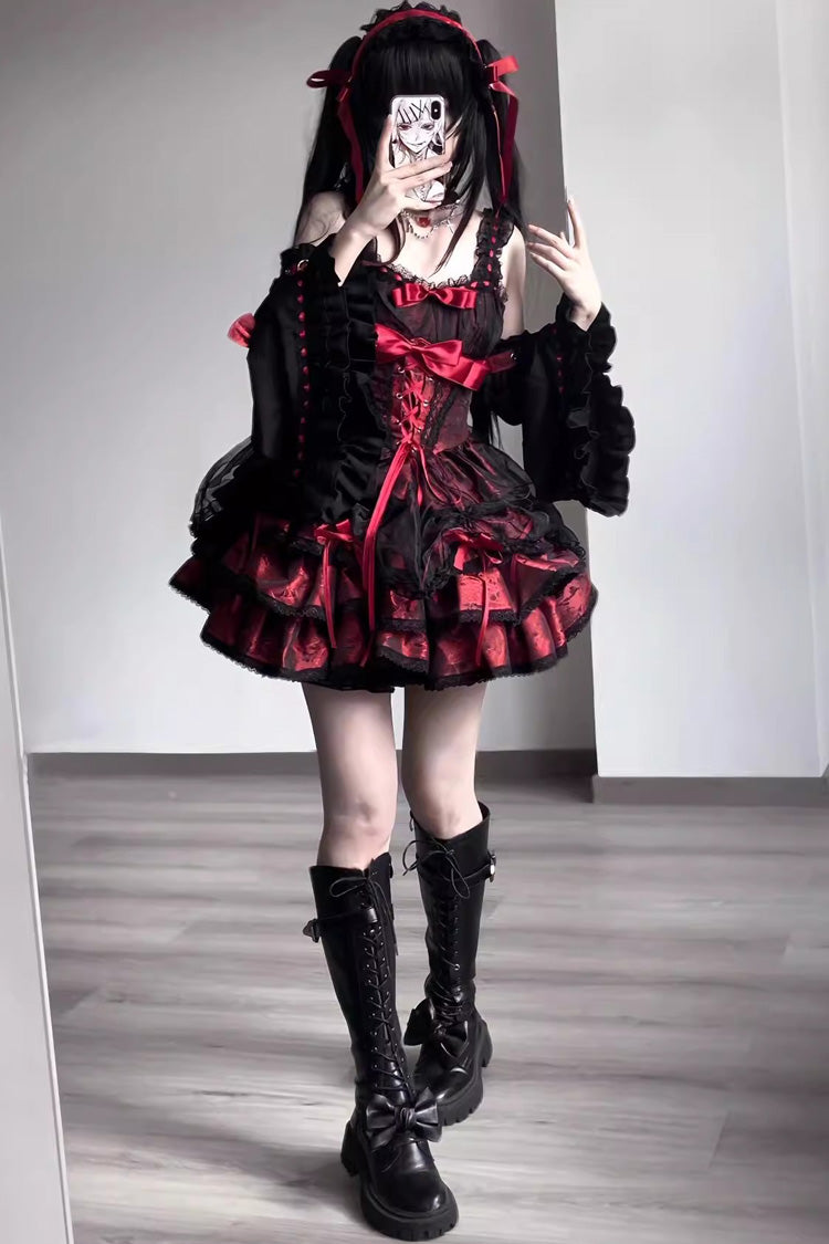 Black Red Sleeveless Multi-Layer Ruffled Lace-Up Gothic Jsk Dress