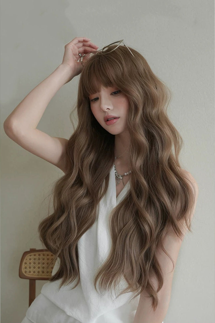 Korean Fluffy Air Bangs Romantic Long Wavy Daily Sweet Lolita Wig, Two Tones