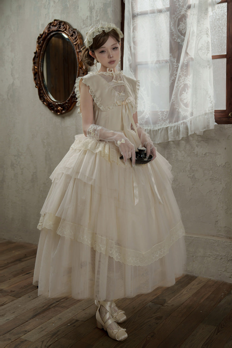 Ivory Elegant Dress with Triple Ruffles and Bow Embellishments - Dream by the Pillow
