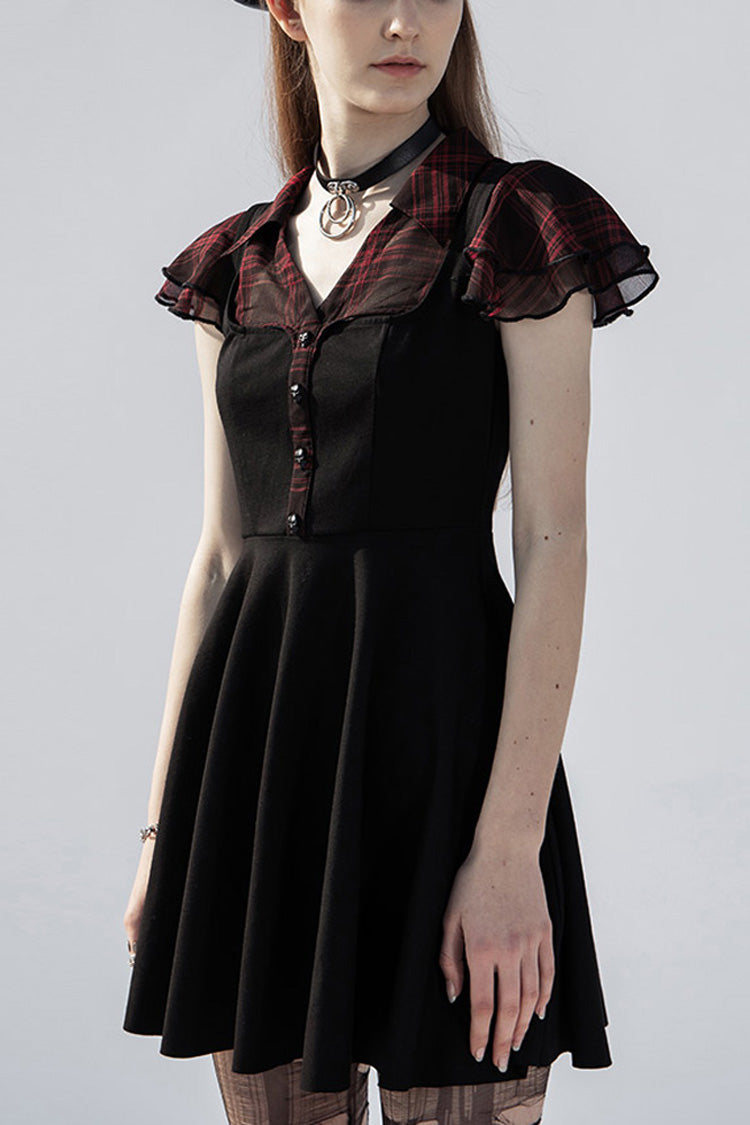 V-Neck Ruffled Short-Sleeved Check Chiffon Waisted Skull Stud Punk Dress - Black/Red