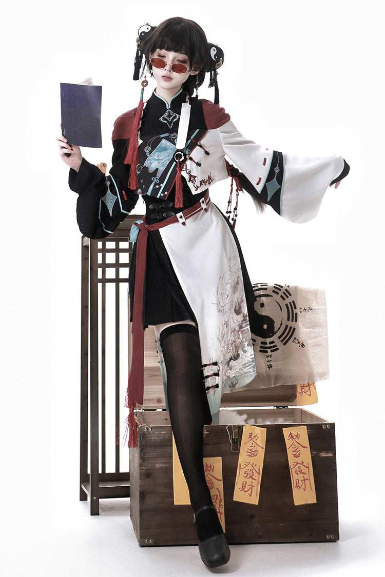 Multi-Color Asymmetric Chinese Ouji Skirt with Demon Print - Walking With The Demon