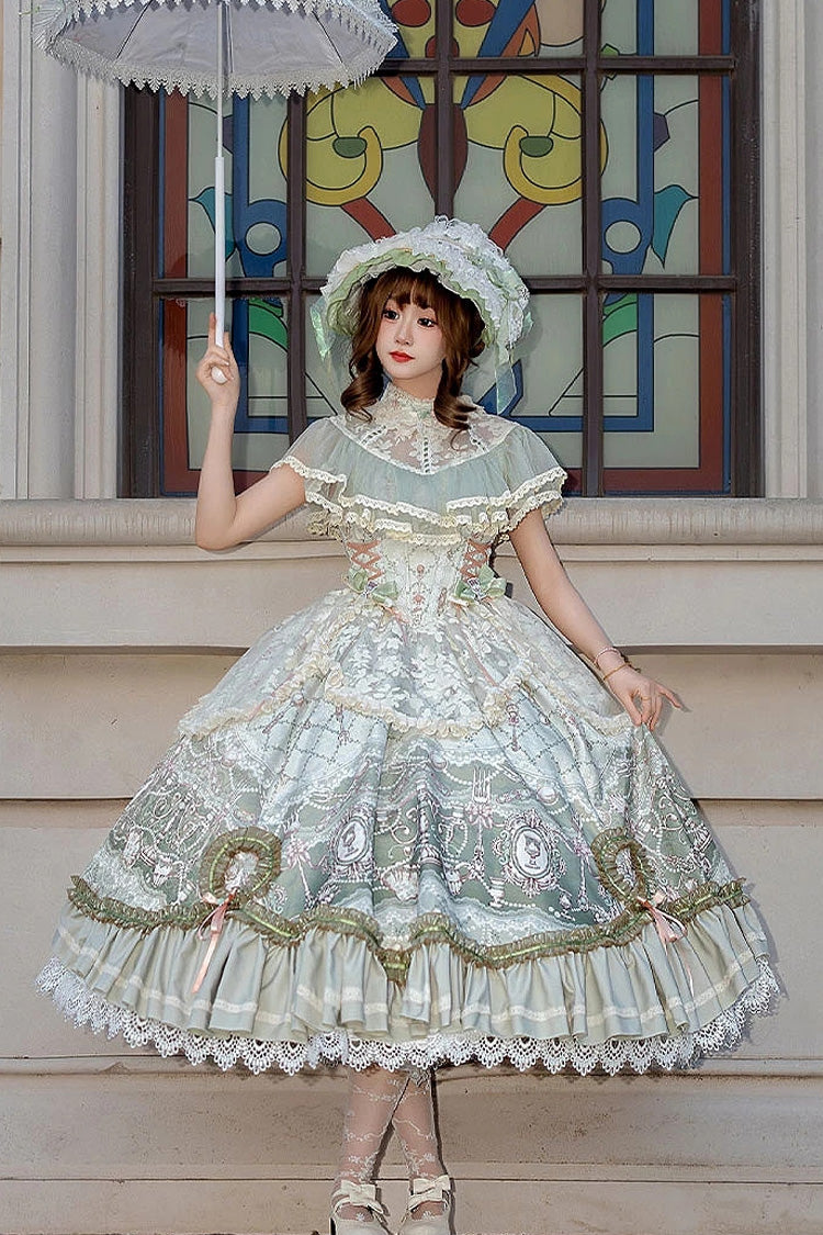 Spring Green Edwardian Collar Jacquard Printed Lace Fishbone Sweet Dress - Cloudborne Prelude