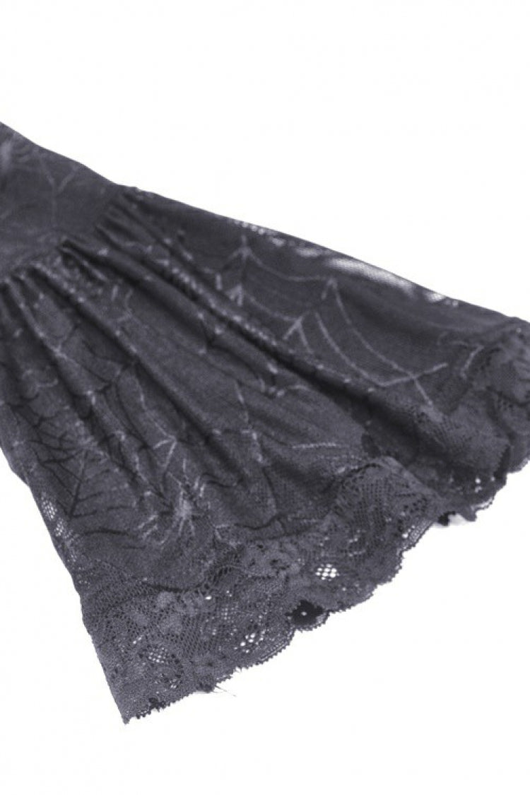Onyx Velvet Gown with Puffed Sleeves and Asymmetric Lace Trim