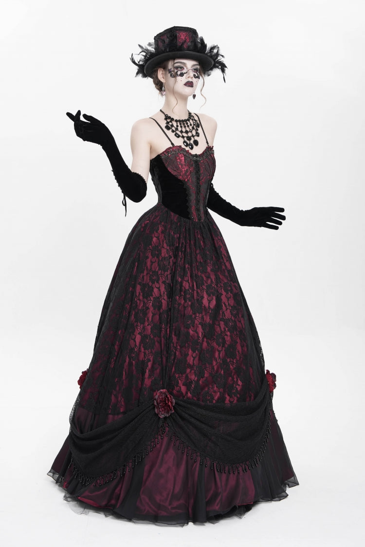 Scarlet Beaded Floral Embroidered Gothic Long Slip Dress