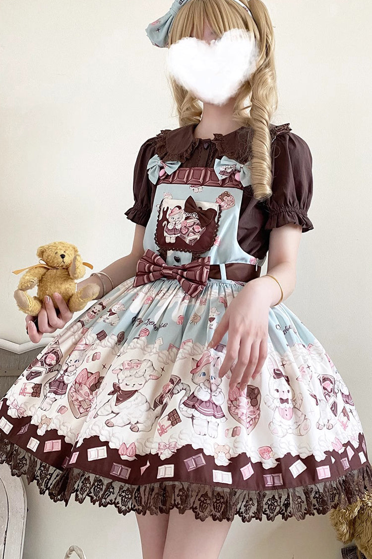Chocolate Rosette Cat Printed Bow Stitching Lace Sweet Lolita JSK Dress