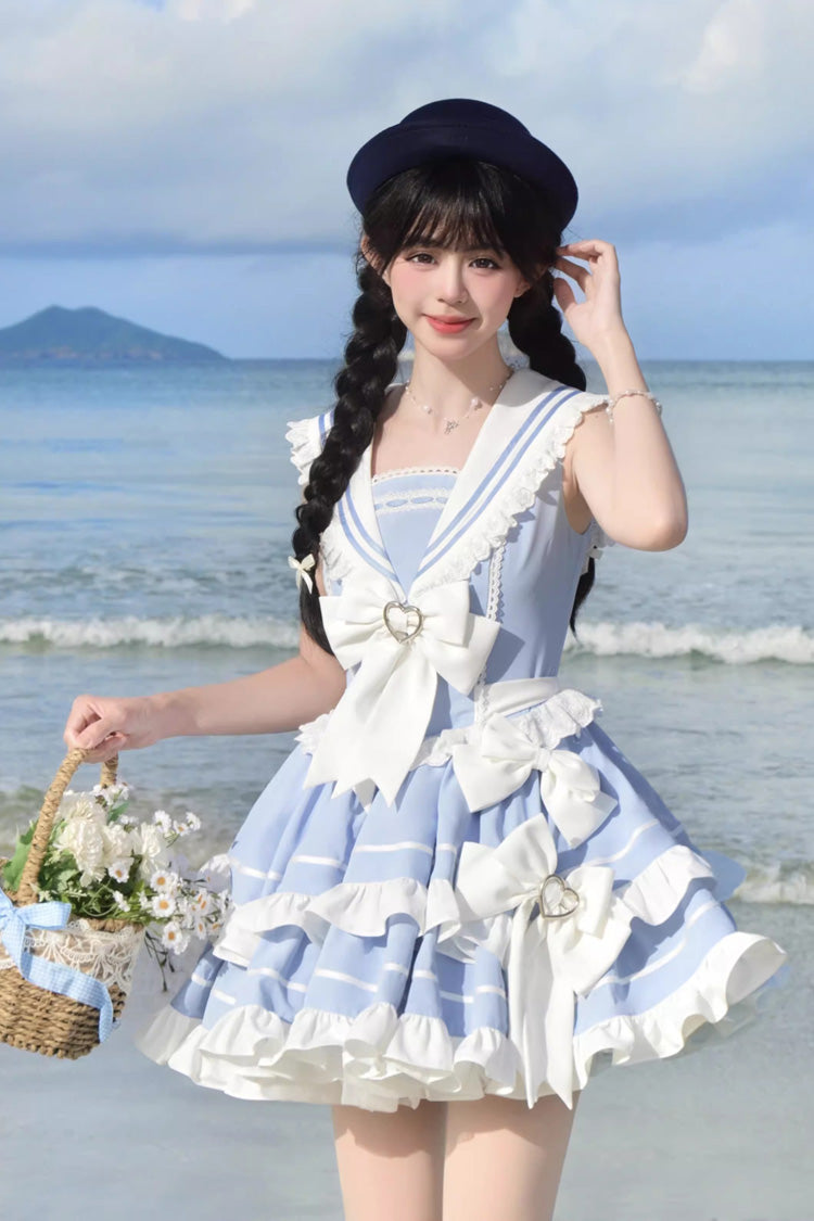 Light Blue Sleeveless Double Layer Lace Sweet Lolita Dress - Ruffled Bowknot