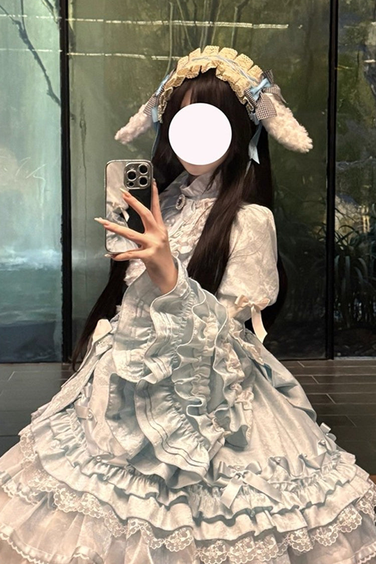 Blue Soloist Doll Long Hime Sleeve Multi-Layer Print Ruffle Bow Asymmetrical Sweet Lolita