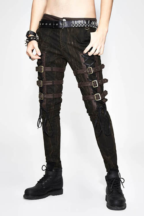 Cocoa Steampunk Embroidered Lace-Up Pants with Multiple Loops