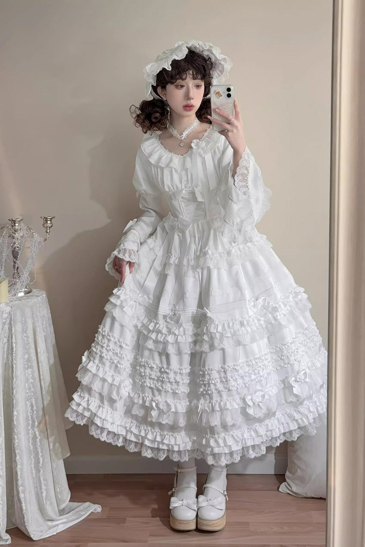 Ivory Layered Frosting Ruffle Bow Lace Sweet Dress