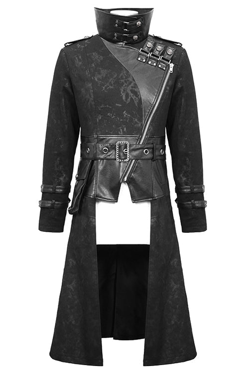 Printed Belted Long Punk Coat with Open Collar