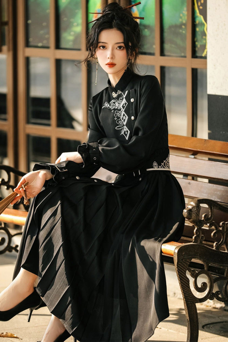 Chinese Style Hanfu Dress with Print and Single Breasted Front