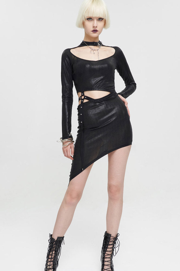 Knitted Fine Grain Shine Waist Cutout Rivet Asymmetric Sleeve Gothic Dress