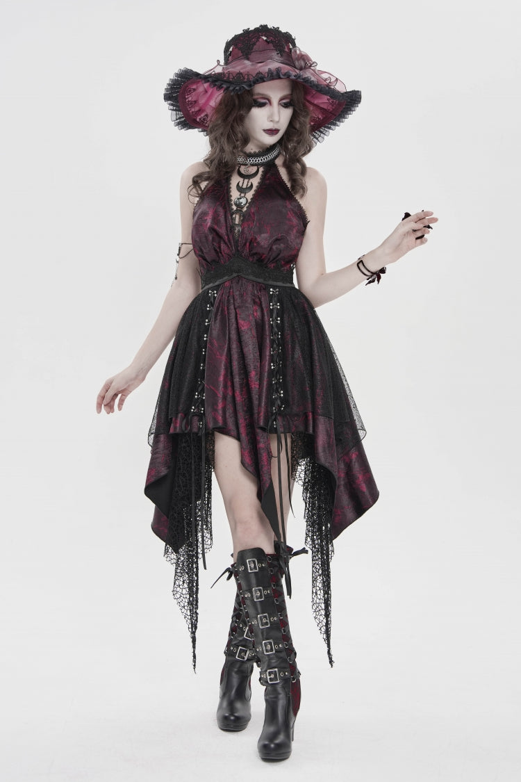 Off Shoulder Sleeveless Multi-Layered Printed Lace Irregular Tassels Gothic Dress