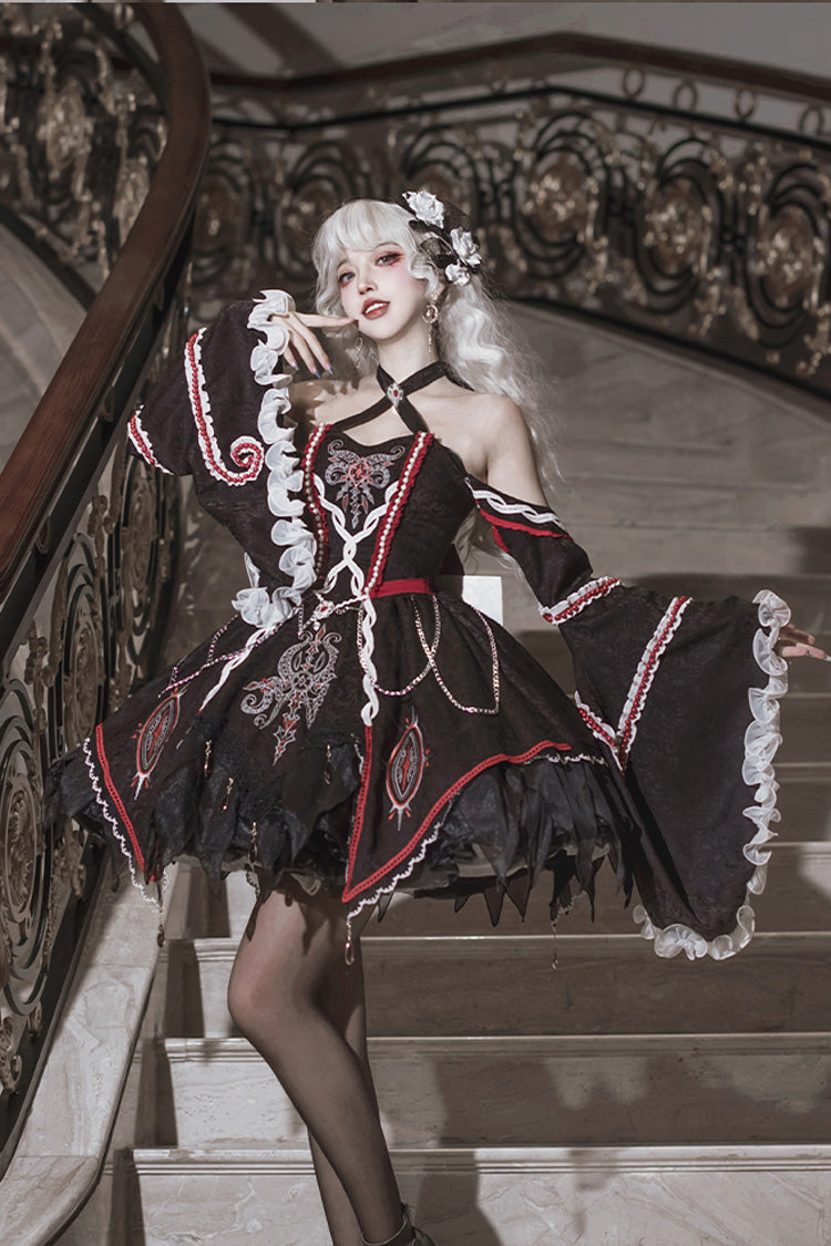 Black Off-Shoulder Long Hime Sleeve Embroidery Gothic Dress