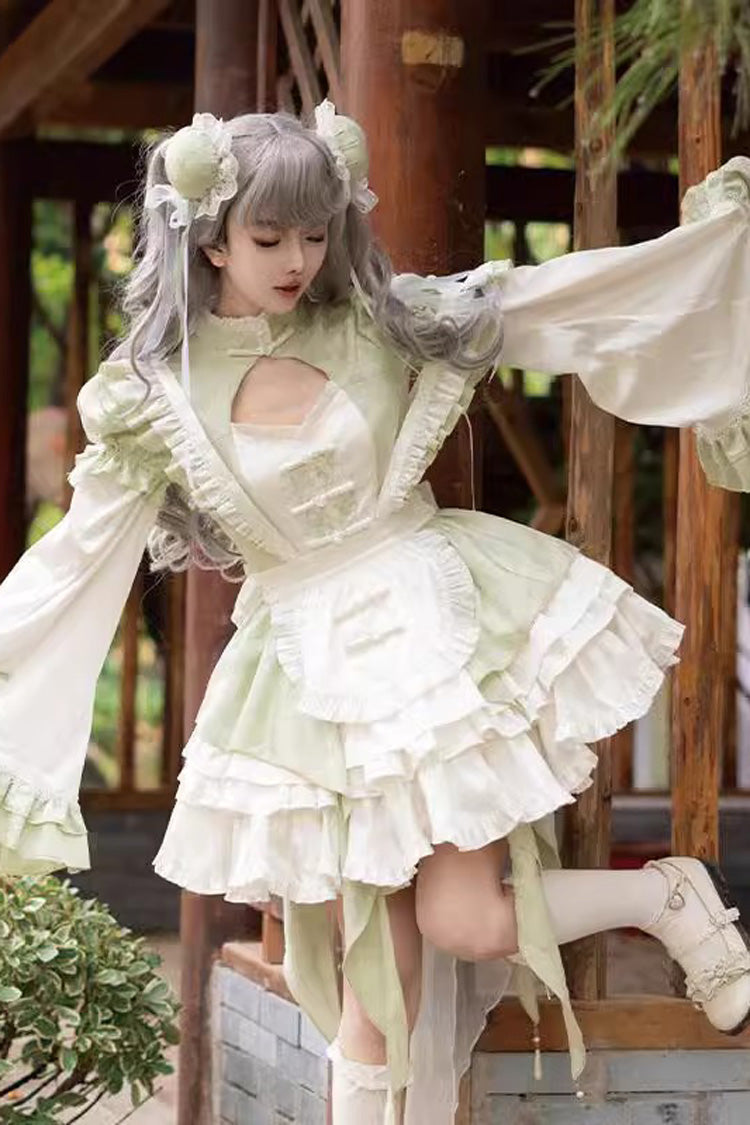 Emerald Trumpet-Sleeve Chinese-Style Lolita JSK Set with Bow and Lace
