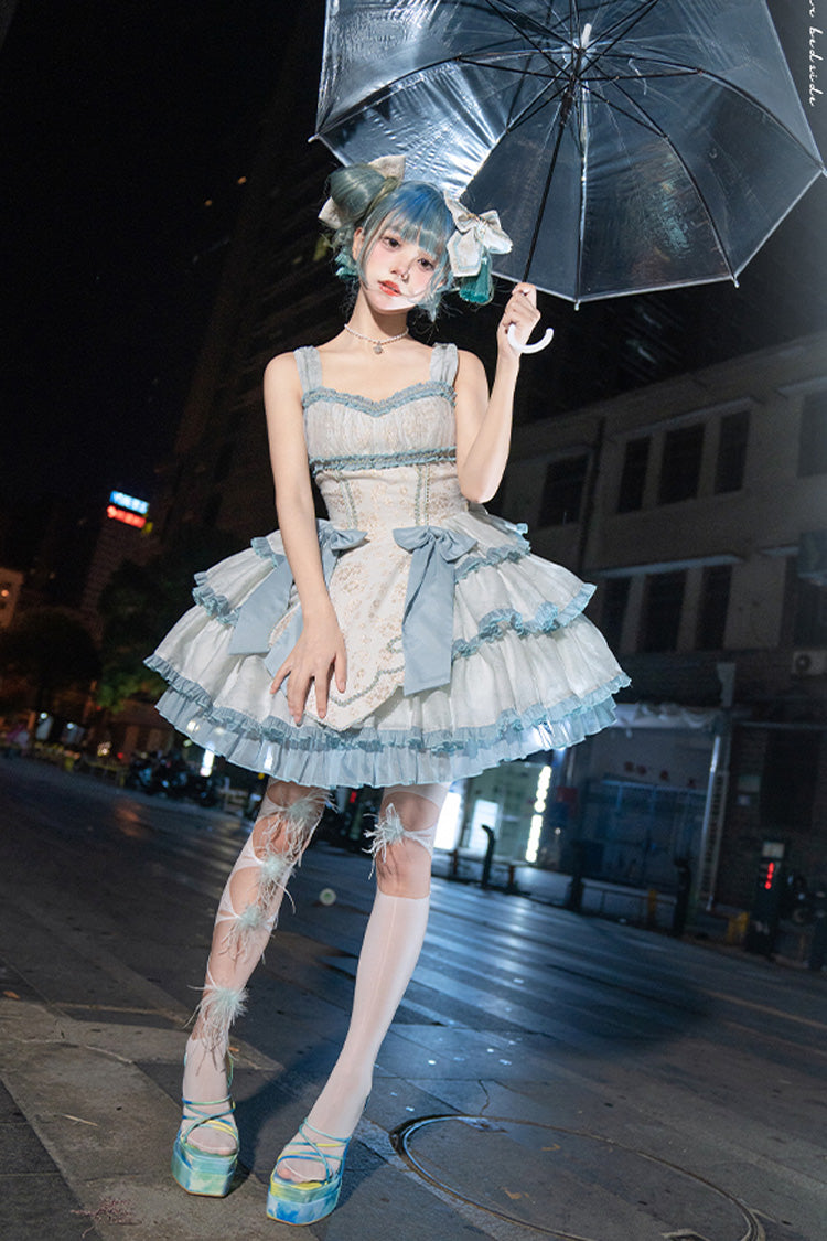 Green Multi-Ruffle Embroidered Chinese JSK