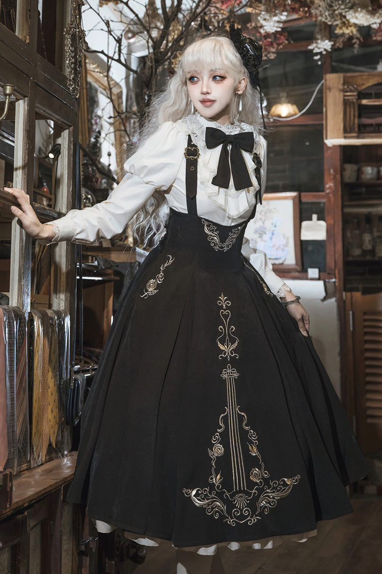 Black/White Violin Variations Ruffled Embroidered Gothic Lolita Jumper Gown Set