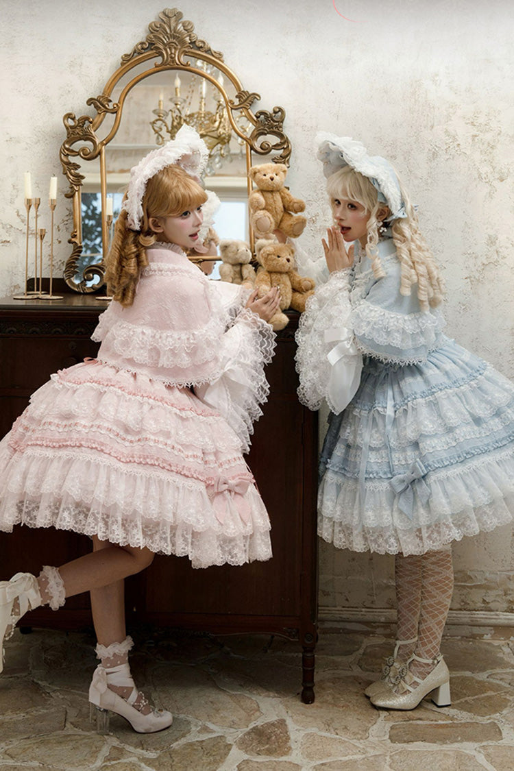 Pink Sleeveless Ruffled Bow Lace Sweet Lolita JSK - Reinas