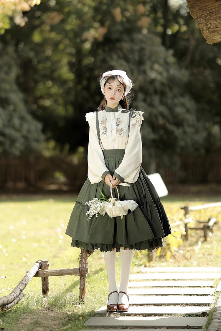 White/Green Country Sunflower Sweet Two-Piece Skirt Set - Sweet Lolita